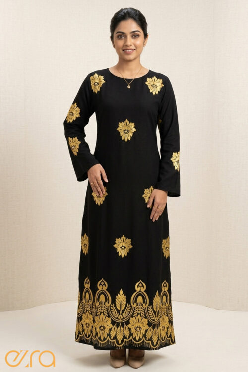 Black and Gold Floral Border Print Maxi Dress