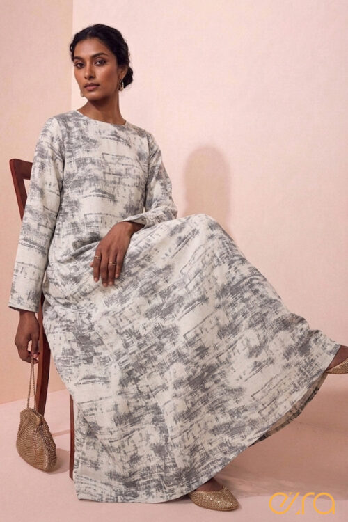 Ethereal Grey Watercolor Print Long Sleeve Maxi Dress