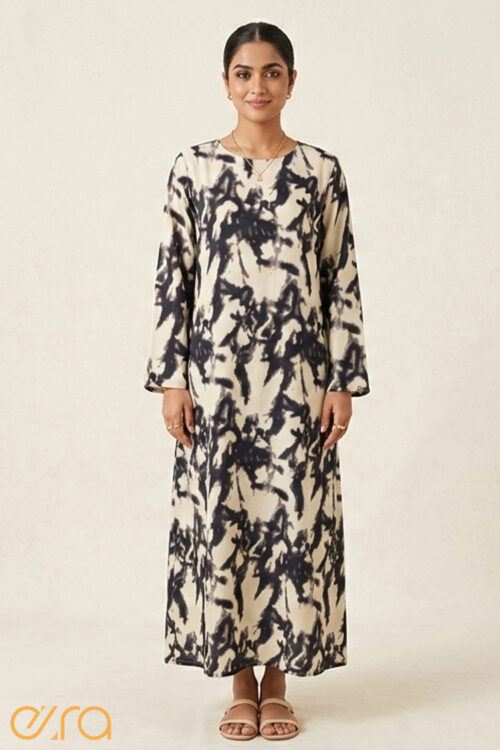 Monochrome Abstract Print Long Sleeve Maxi Dress