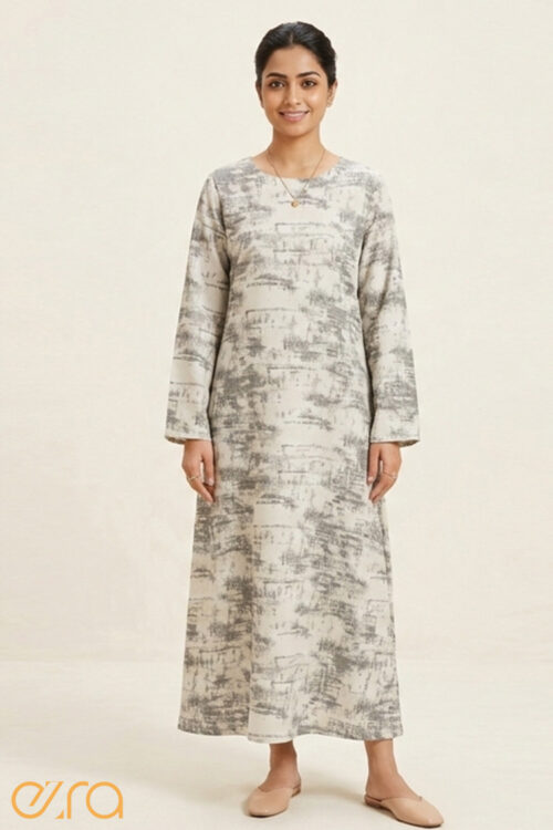 Ethereal Grey Watercolor Print Long Sleeve Maxi Dress
