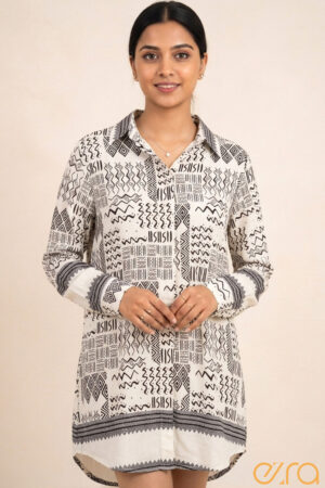 Women's Tribal Print Shirt Dress | Monochrome Geometric Tunic