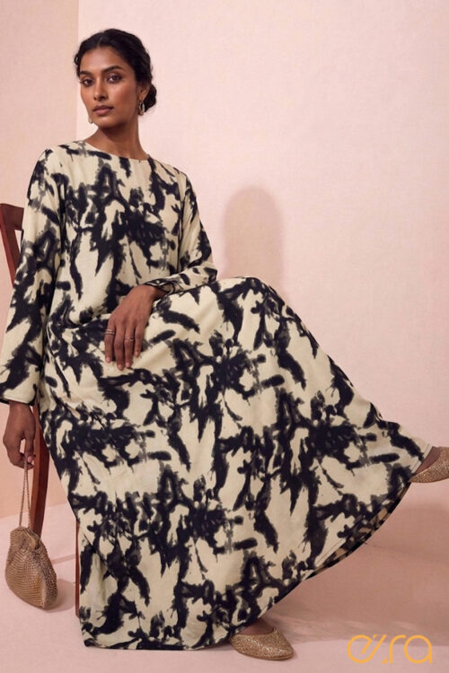 Monochrome Abstract Print Long Sleeve Maxi Dress