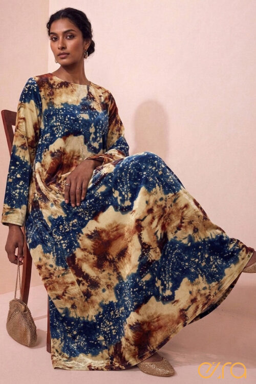 Celestial Earthy Blue Abstract Print Maxi Dress