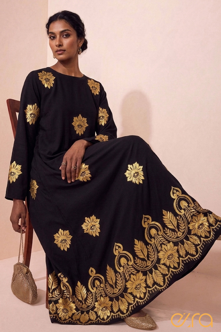 Black and Gold Floral Border Print Maxi Dress