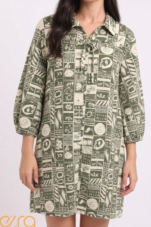 Ezra Sage Botanical Tiled Tunic Dress