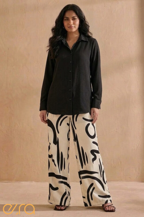 Classic Matte Black Long Sleeve Shirt with Printed Pant