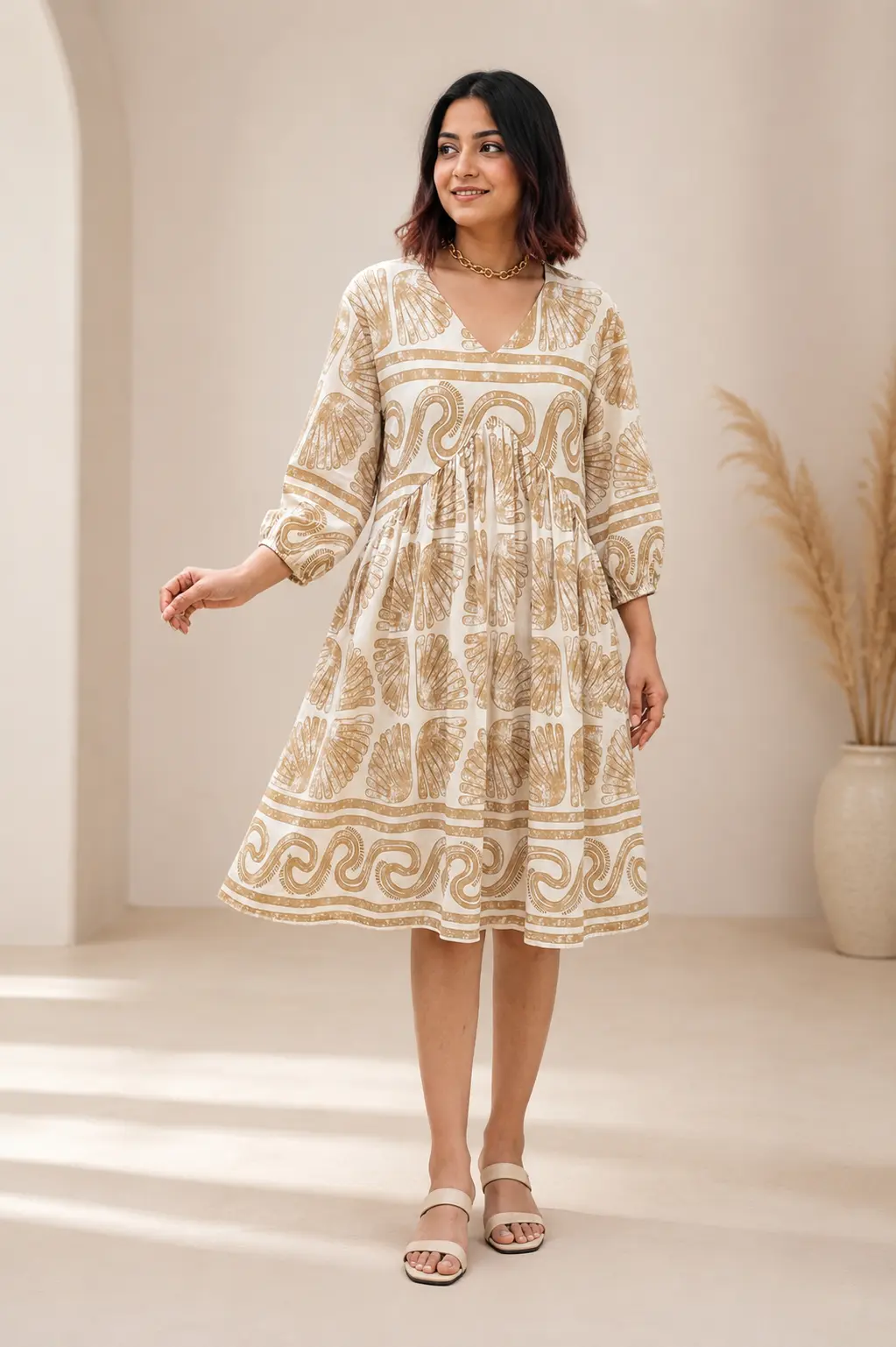 Greek wave pattern tunic dress