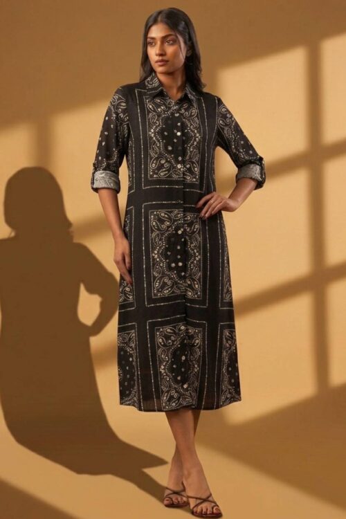 Midnight Paisley Paneled Midi Dress