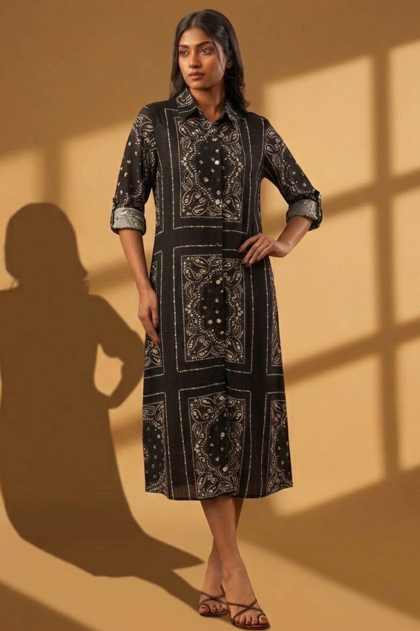 woman models a black midi-length shirt dress featuring an intricate cream and grey paisley paneled print, designed with a pointed collar, buttoned front, and rolled-up three-quarter sleeves, standing against a warm ochre background with geometric shadows.