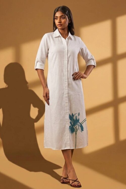Floral Printed Linen Blend Shirt Dress