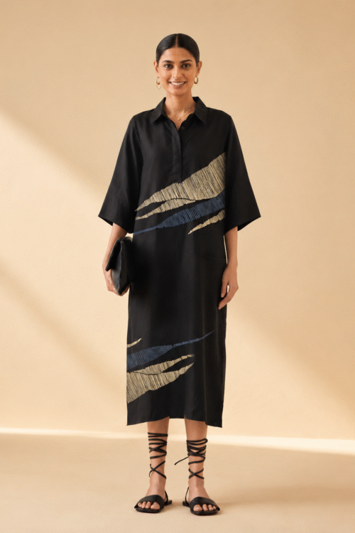 Elegant Black Abstract Print Midi Dress