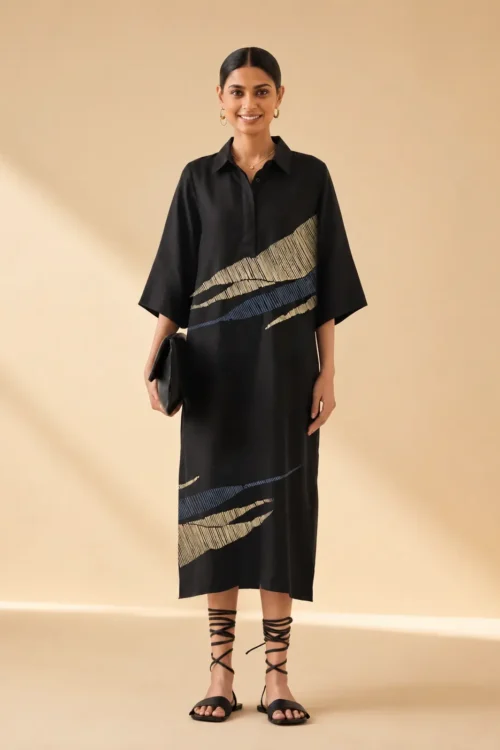 Elegant Black Abstract Print Midi Dress