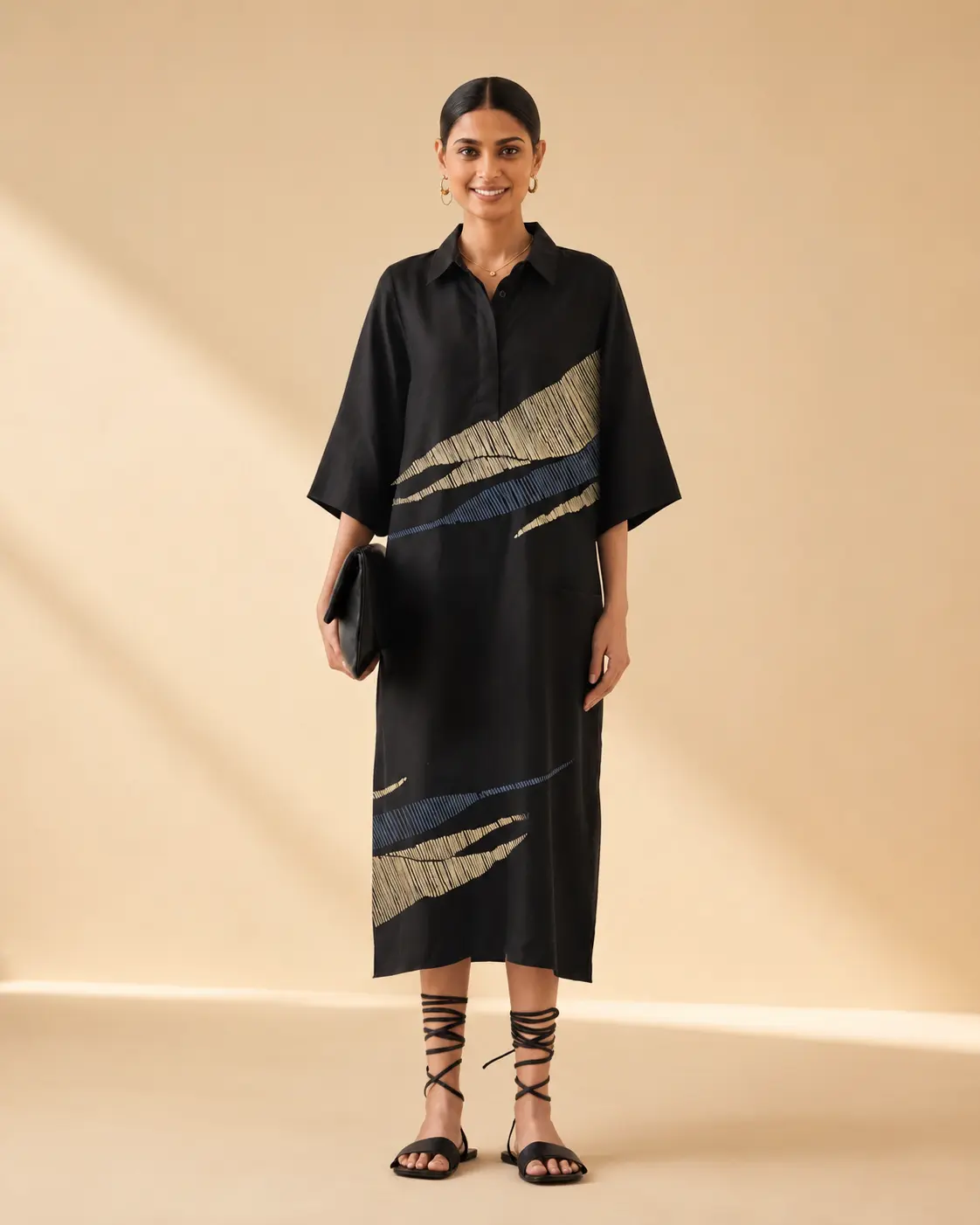 Elegant Black Abstract Print Midi Dress