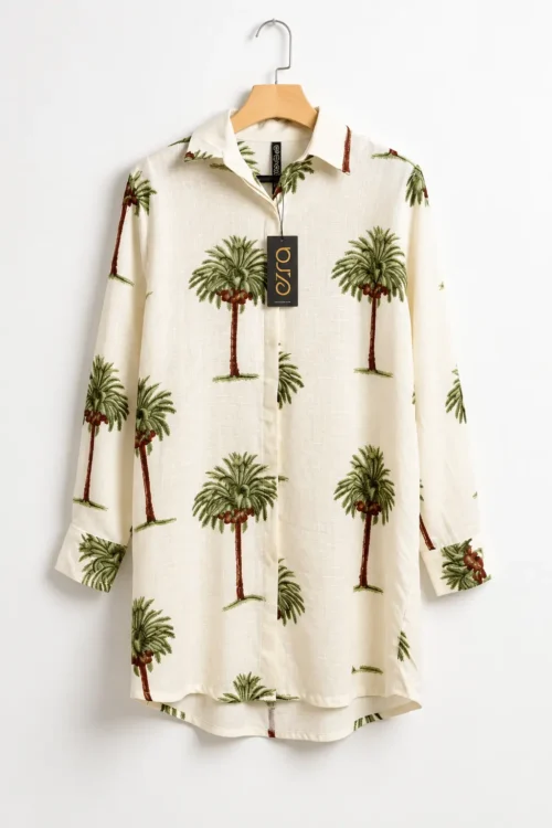 Tropical Palm Tree Print Linen Tunic Shirt