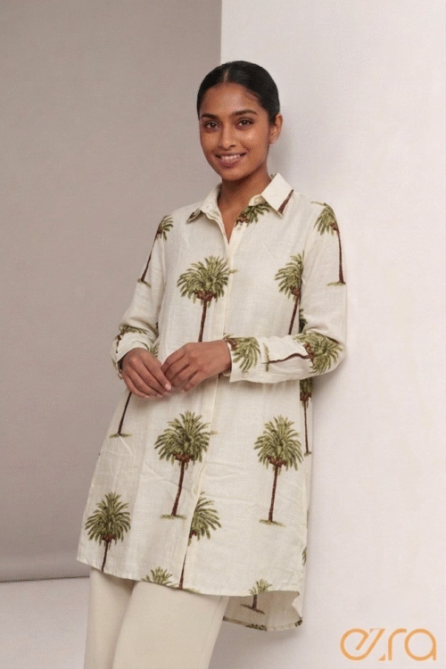 Tropical Palm Tree Print Linen Tunic Shirt