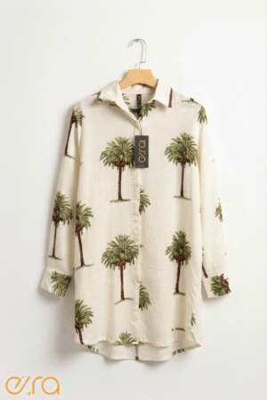 Tropical Palm Tree Print Linen Tunic Shirt - XL