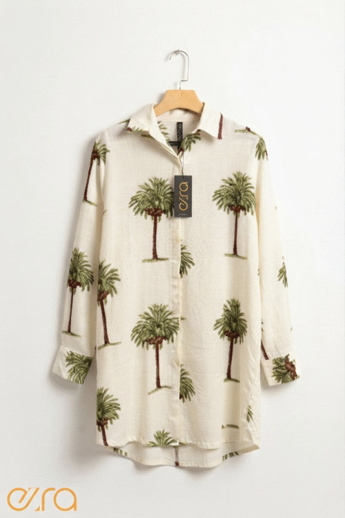 Tropical Palm Tree Print Linen Tunic Shirt