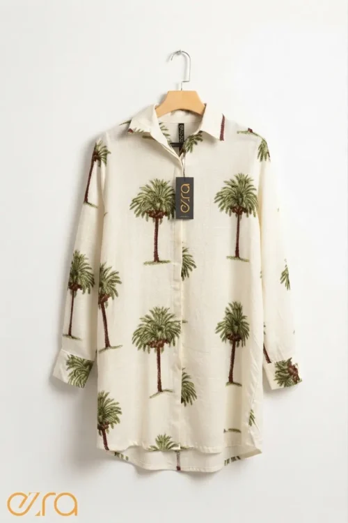 Tropical Palm Tree Print Linen Tunic Shirt
