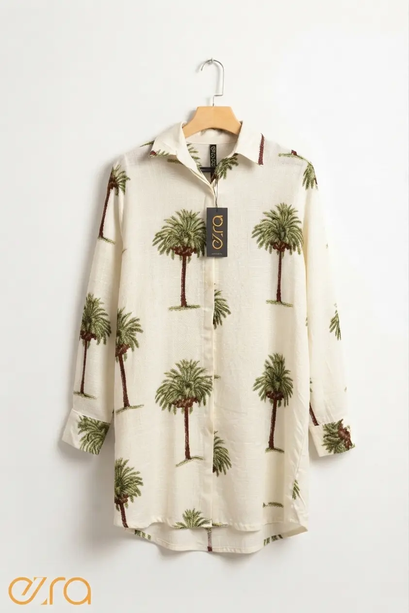 Tropical Palm Tree Print Linen Tunic Shirt