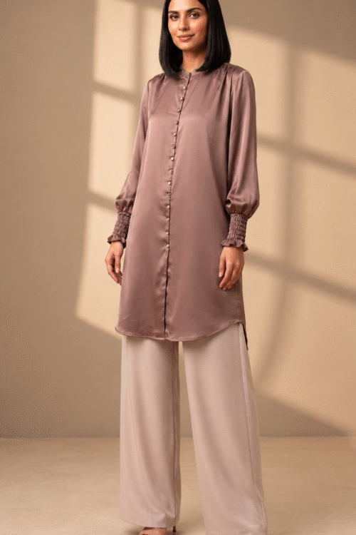 Elegant Dusty Rose Satin Tunic Top with Smocked Cuffs