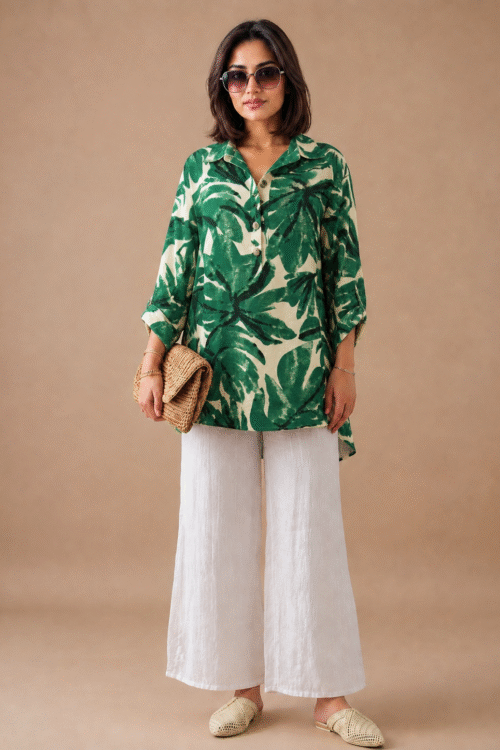Leaf Printed Back Button Top