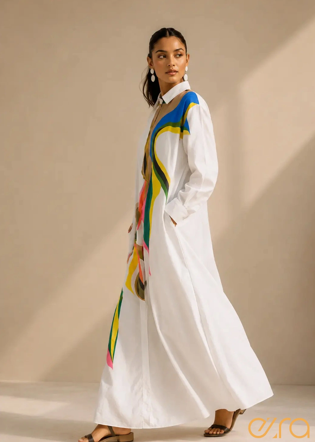 Hand-Painted White Maxi Shirt Dress - Image 3