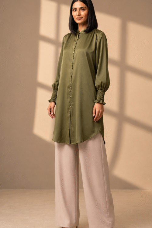 Elegant Satin Button Front Long Tunic Dress