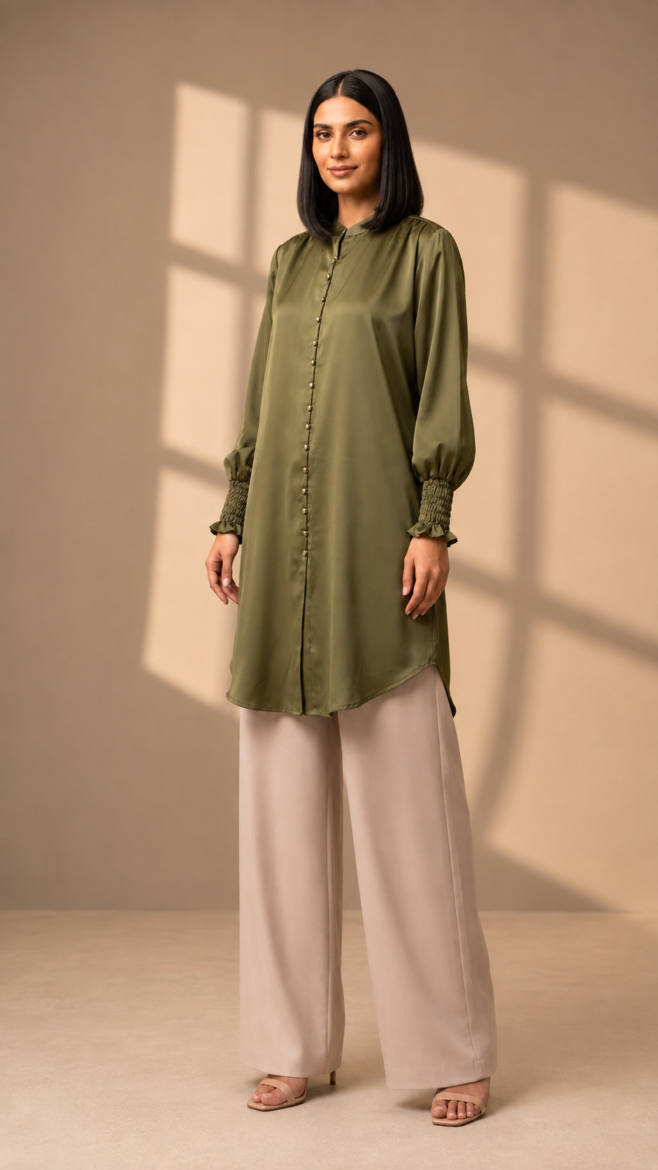 Elegant Satin Button Front Long Tunic Dress