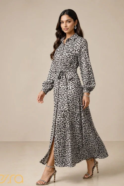 Black and White Leopard Print Long Sleeve Shirt Dress