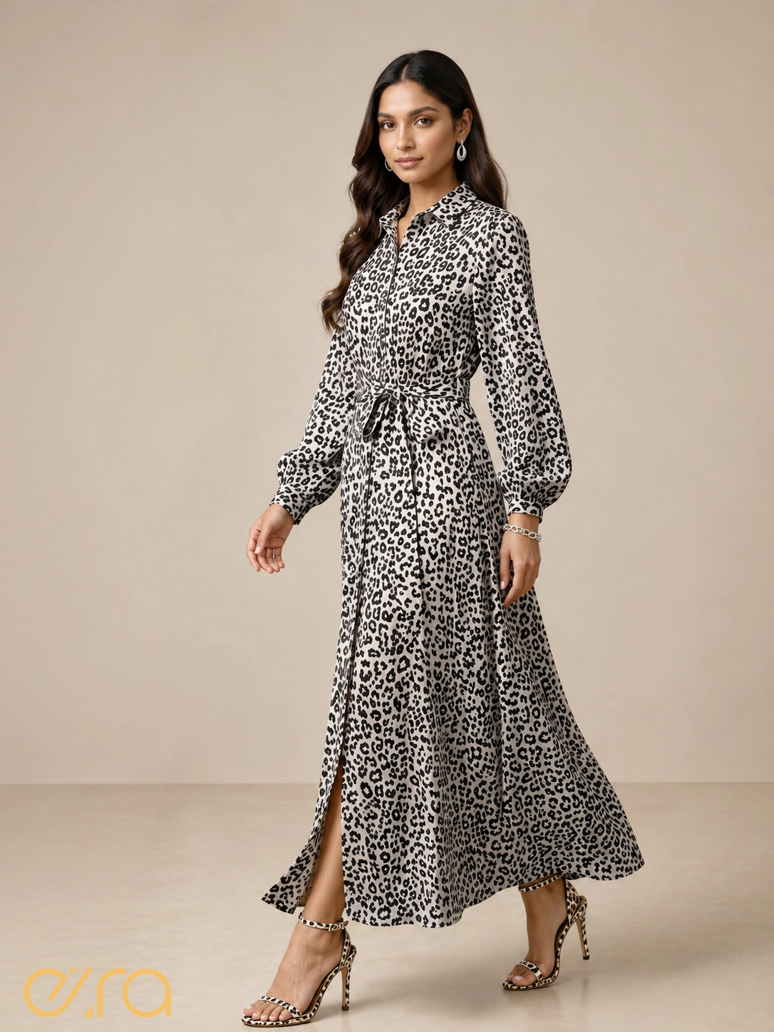 Black and White Leopard Print Long Sleeve Shirt Dress