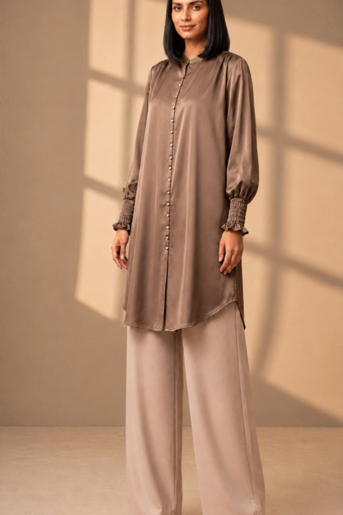 Luxe Taupe Satin Tunic Top with Smocked Detail Cuffs
