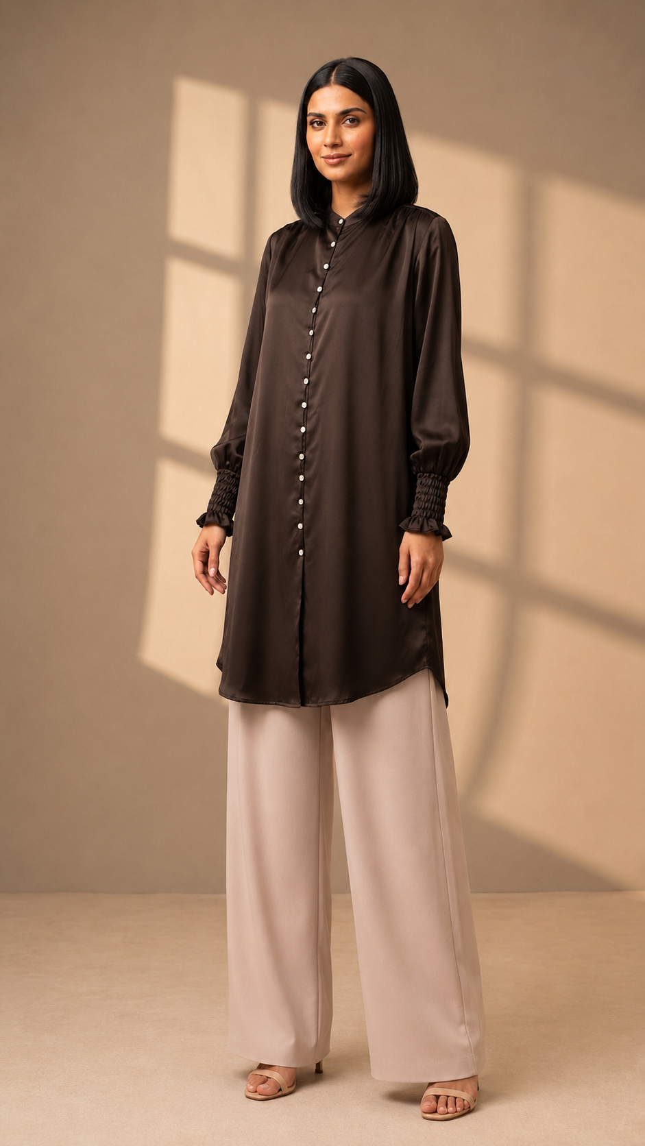 Elegant Satin Button Front Long Tunic Dress