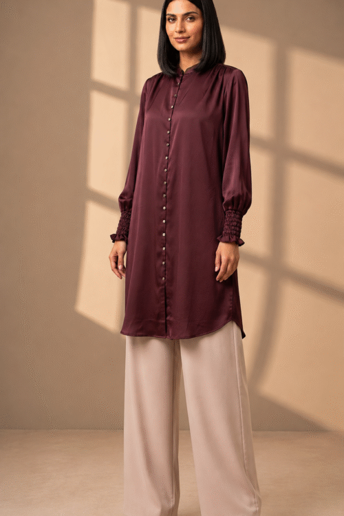 Elegant Satin Button Front Long Tunic Dress