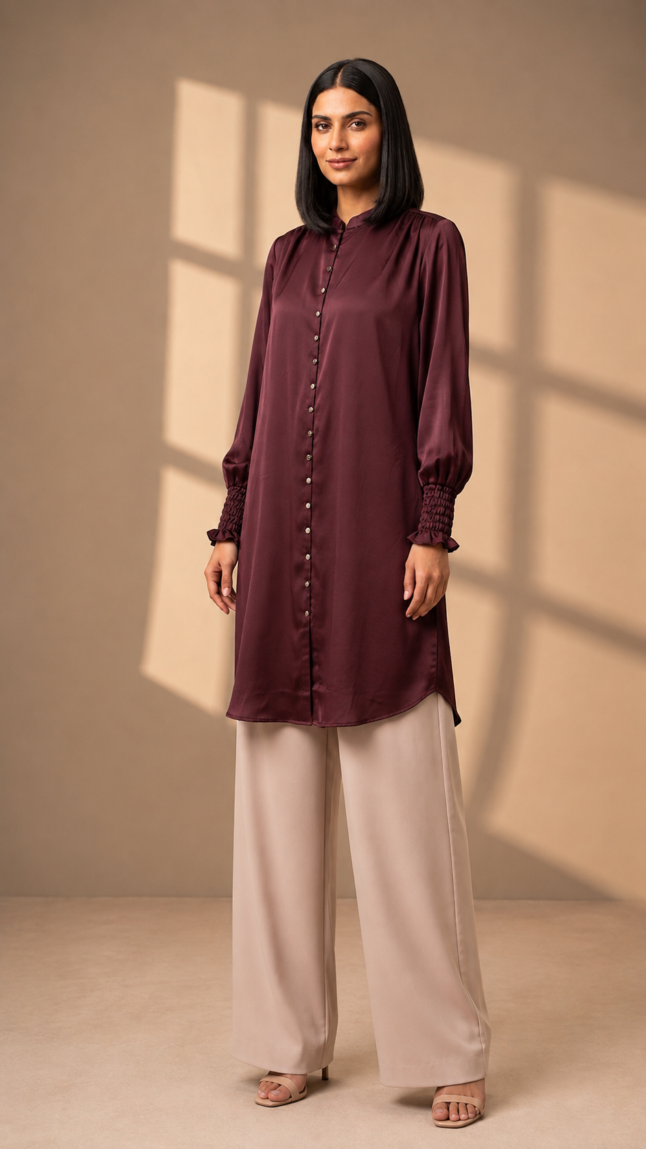 Elegant Satin Button Front Long Tunic Dress