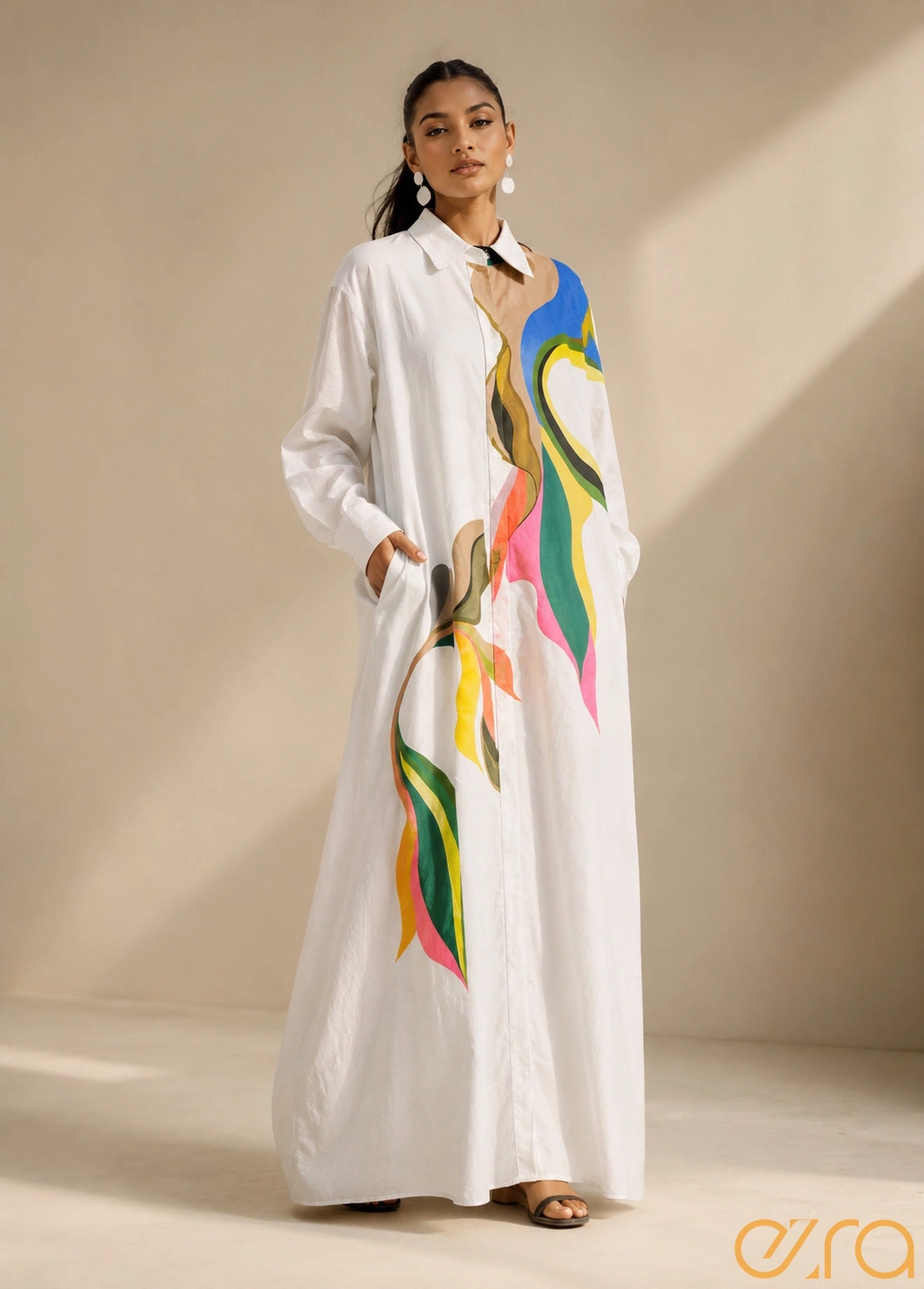 Hand-Painted White Maxi Shirt Dress: Artistic Elegance Meets Modern Wear