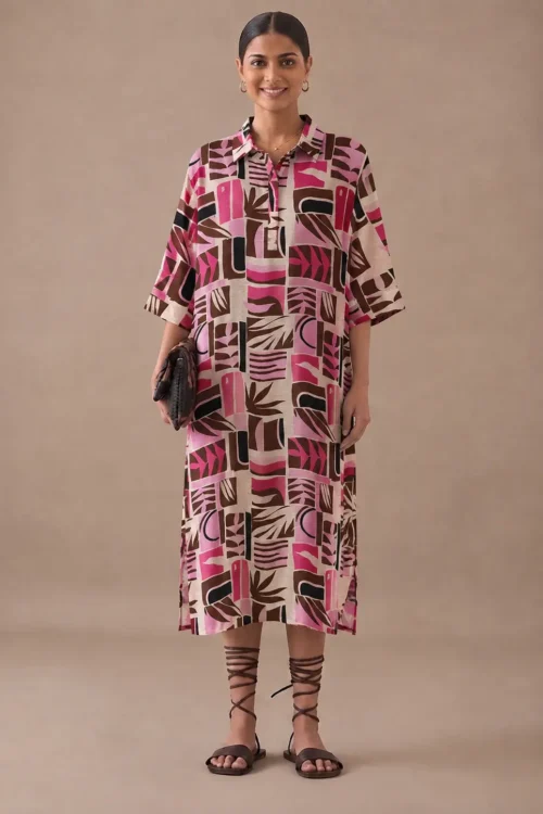 Abstract Geometric Print Midi Shirt Dress