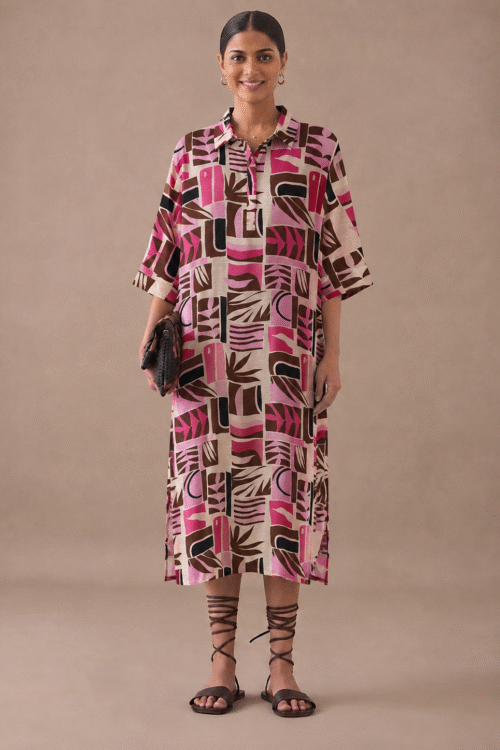 Abstract Geometric Print Midi Shirt Dress