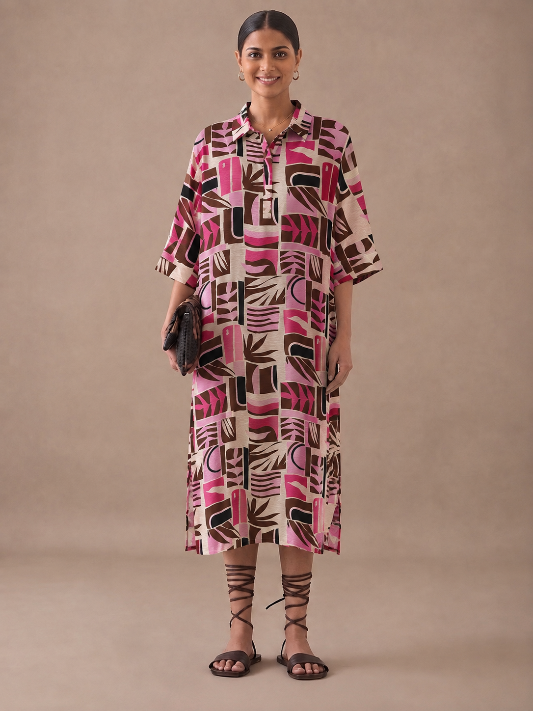 Abstract Geometric Print Midi Shirt Dress