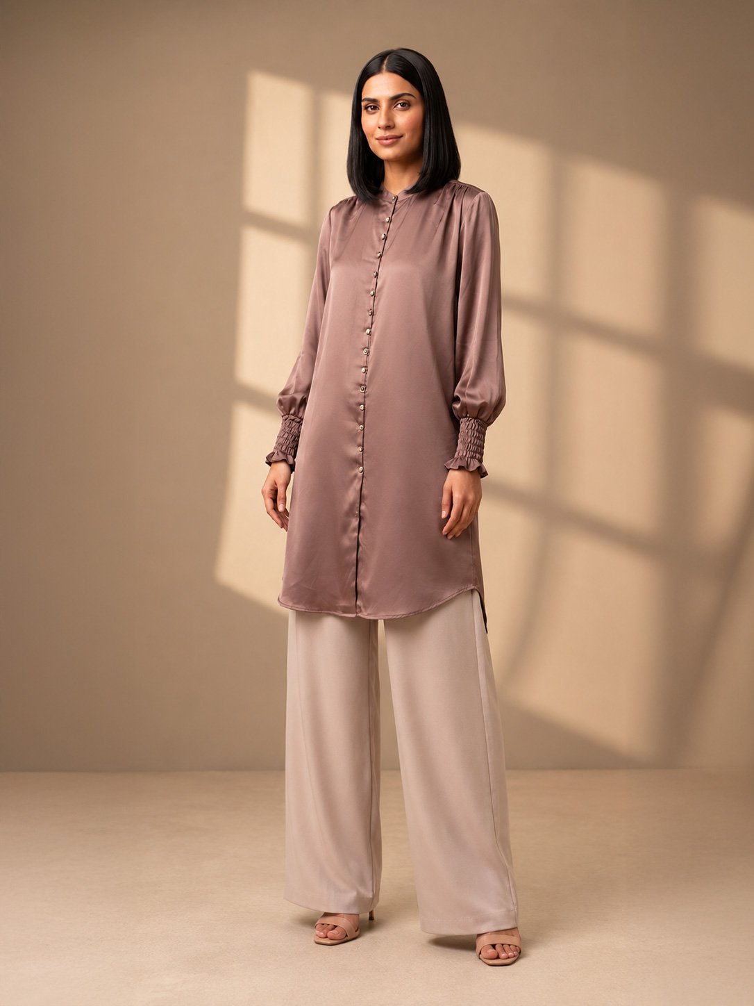 Elegant Dusty Rose Satin Tunic Top with Smocked Cuffs