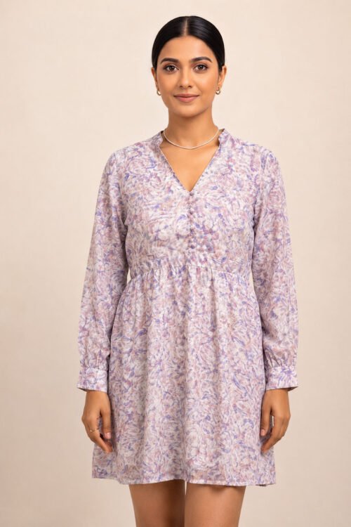 Elegant Lavender Floral Printed V-Neck Mini Dress