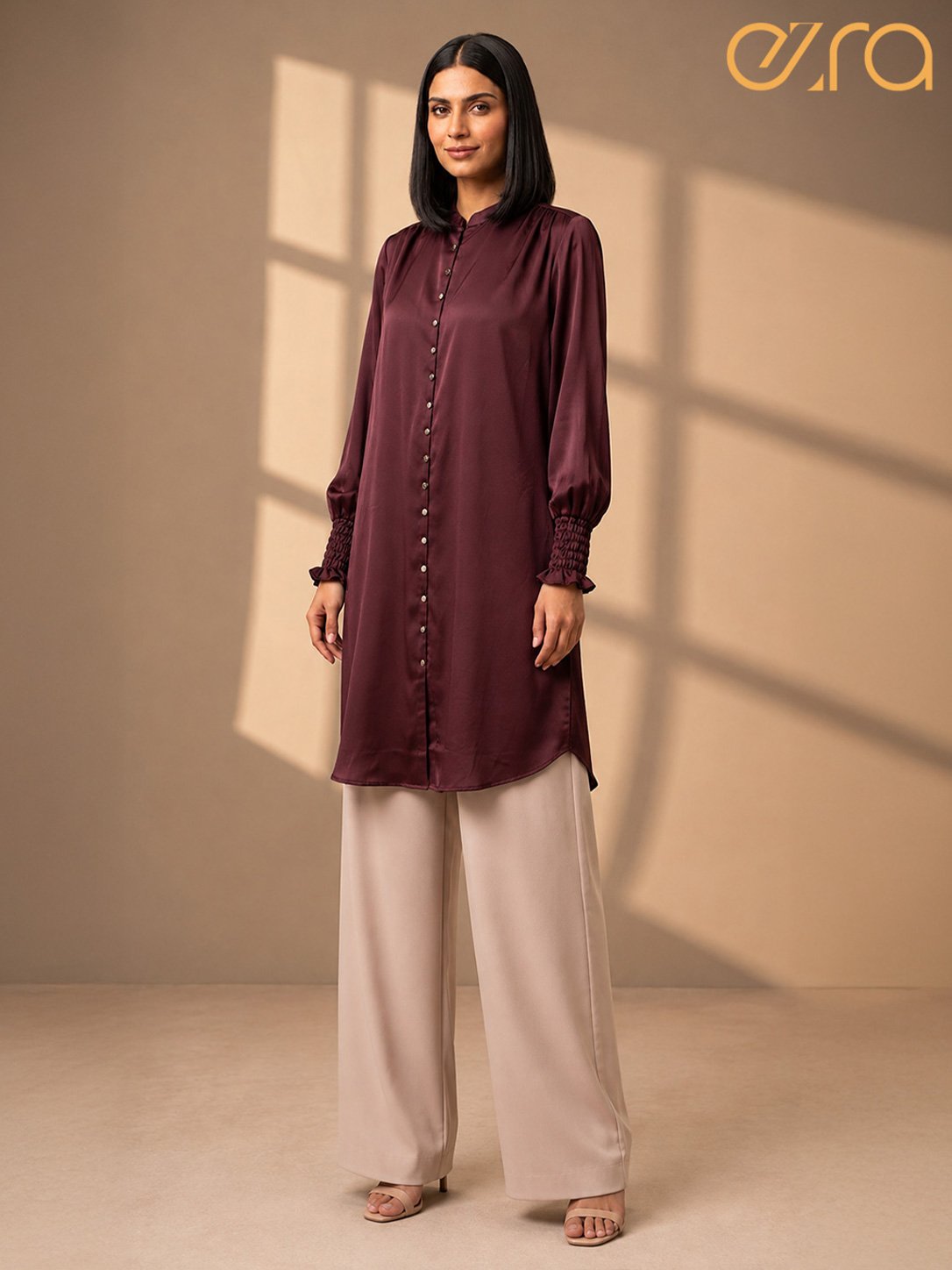 Elegant Satin Button Front Long Tunic Dress