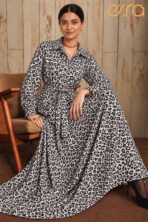 Black and White Leopard Print Long Sleeve Shirt Dress