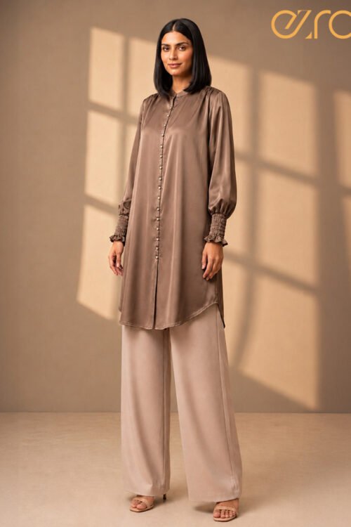 Luxe Taupe Satin Tunic Top with Smocked Detail Cuffs