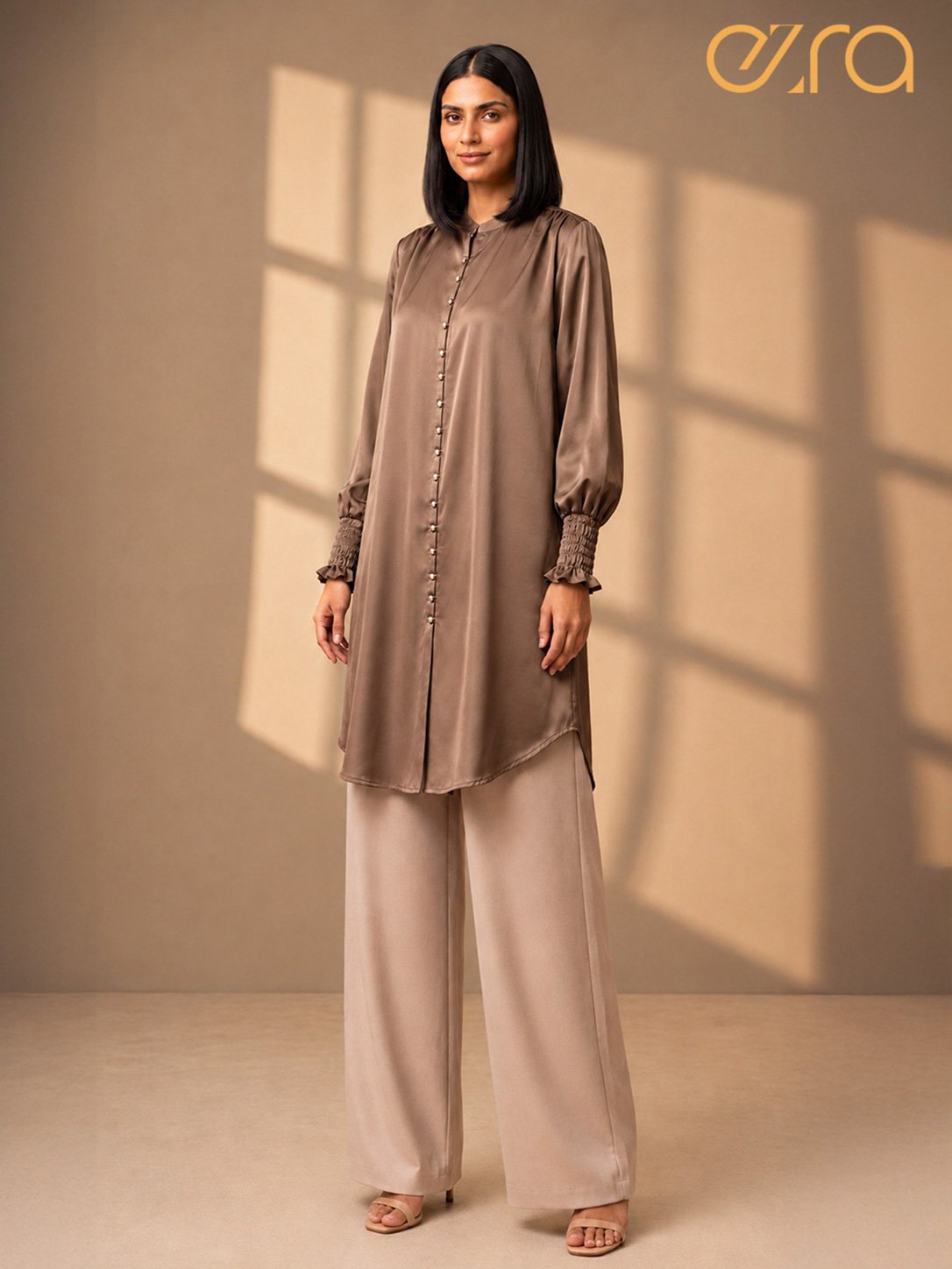 Luxe Taupe Satin Tunic Top with Smocked Detail Cuffs