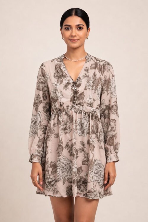 Pink & Grey Floral Printed Long Sleeve Mini Dress