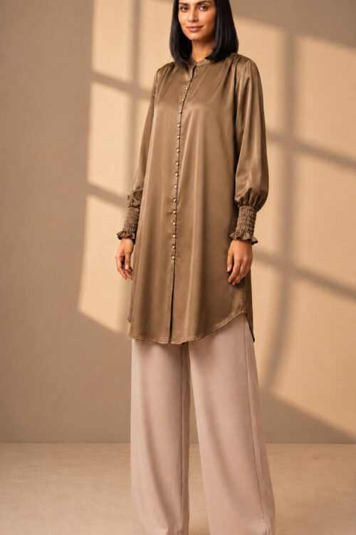 Luxe Taupe Satin Tunic Top with Smocked Detail Cuffs