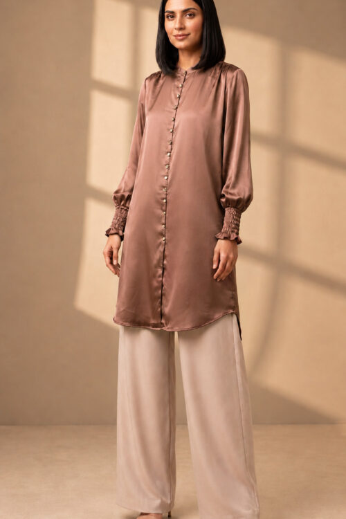 Elegant Dusty Rose Satin Tunic Top with Smocked Cuffs