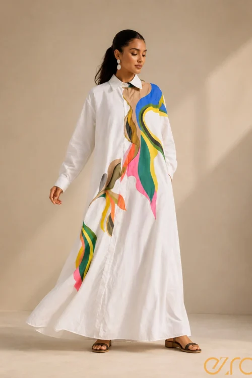 Hand-Painted White Maxi Shirt Dress