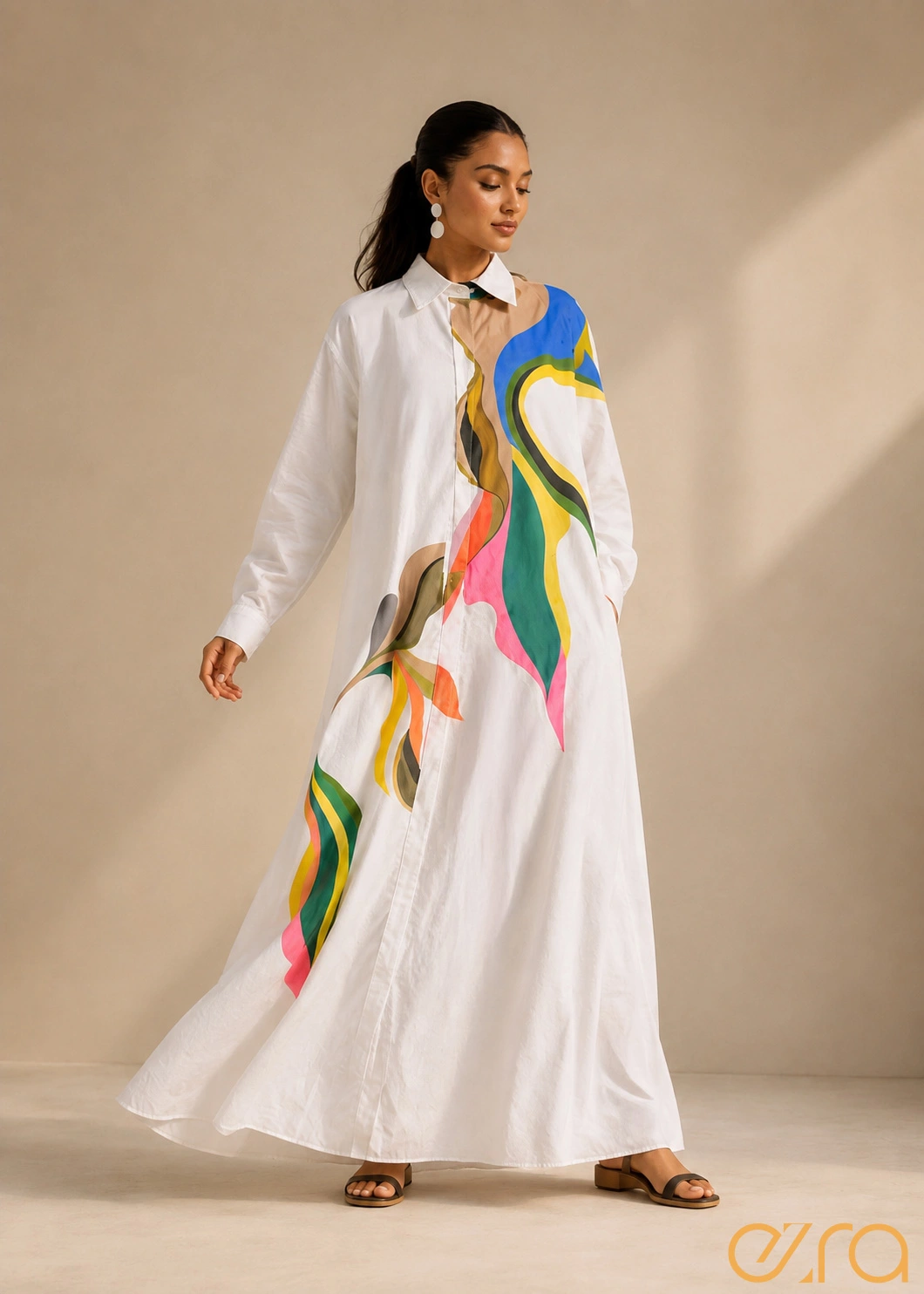 Hand-Painted White Maxi Shirt Dress: Artistic Elegance Meets Modern Wear