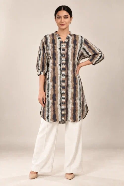 Women’s Earthy Stripe Knee-Length Button-Front Tunic
